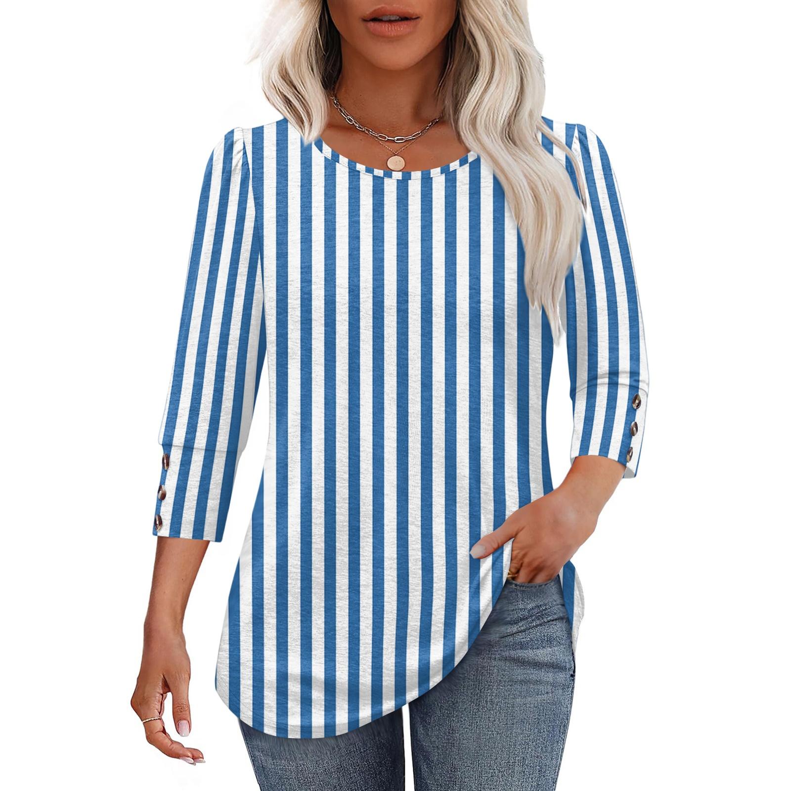 Women Casual Loose Fit Round Neck Three Quarter Sleeve Striped Blouse Button Detail Lightweight Top for Everyday Wear S синий
