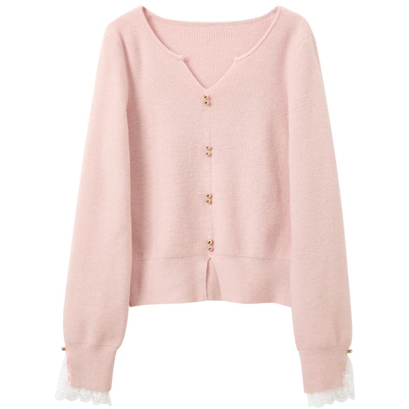 Sancai Spring V-Neck Lace Long Sleeve Knit Pullover M