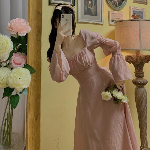 Pure desire wind backless dress bow straps autumn elegant charming and thin bubble sleeves super fairy long dress