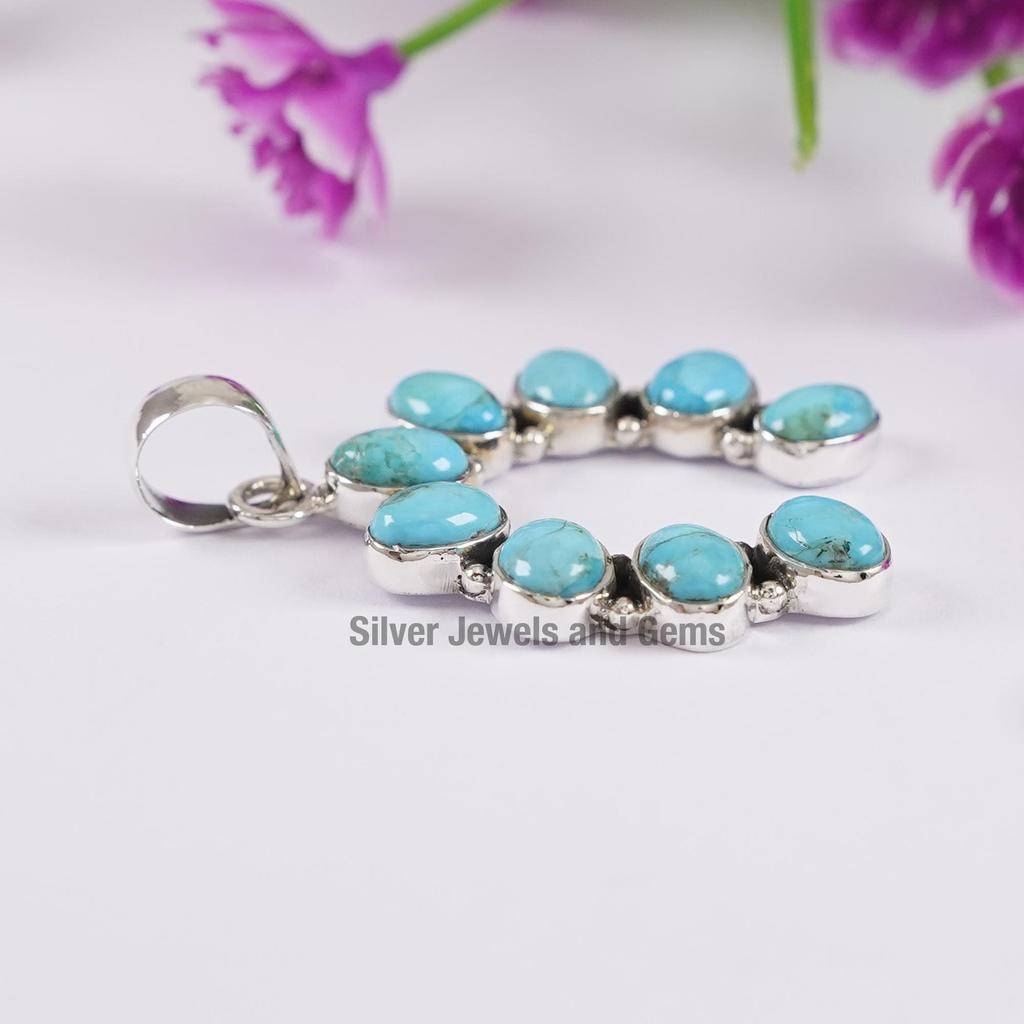 Natural Turquoise Squash Blossom Pendant, 925 Sterling Silver Pendant, Arizona Turquoise Multi Stone Pendant, Anniversary Pendant