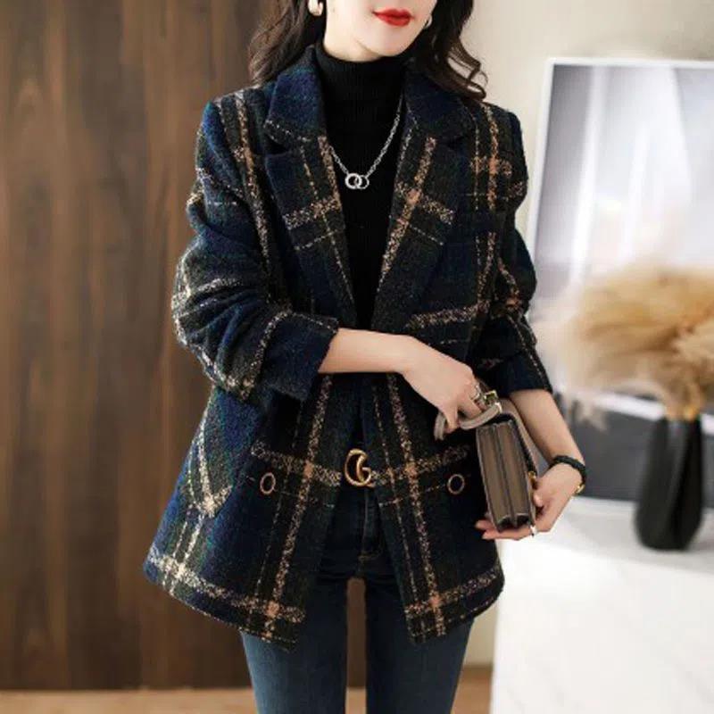 2025 Winter Übergröße Koreanischer Schlankmachender Vintage Karomuster Wollmantel für Damen