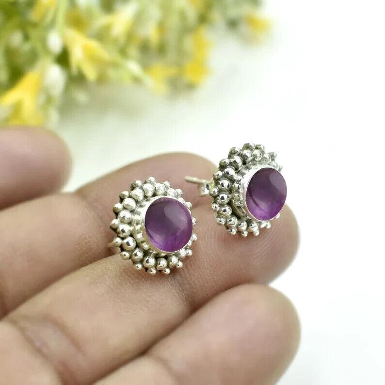 Purple Amethyst Gemstone Earrings 925 Sterling Silver Handmade Studs Earrings
