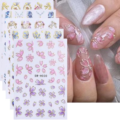 5pcs Metallic Gold Line Flower Nail Stickers 3D Bronzing Border Petals Sakura Leaf Nail Decals Slider DIY Elegant Manicure Decor