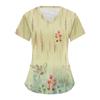 Women's Retro Floral  Printed Short Sleeve V-neck Tops Working Pocket Blouse