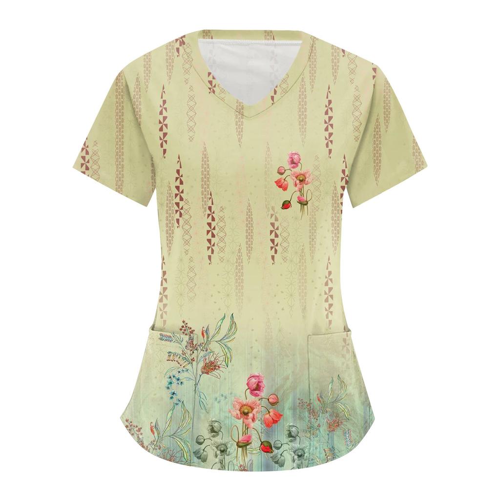 Women's Retro Floral  Printed Short Sleeve V-neck Tops Working Pocket Blouse