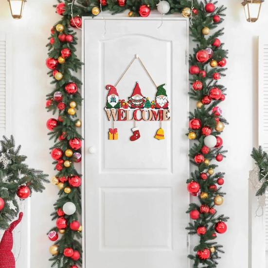 Rustic Holiday Entrance Ornament Christmas Gnome Wooden Welcome Hanging Sign, Cartoon Elf Decor with Gift Bell Winter Door Hanger Charms, Farmhouse