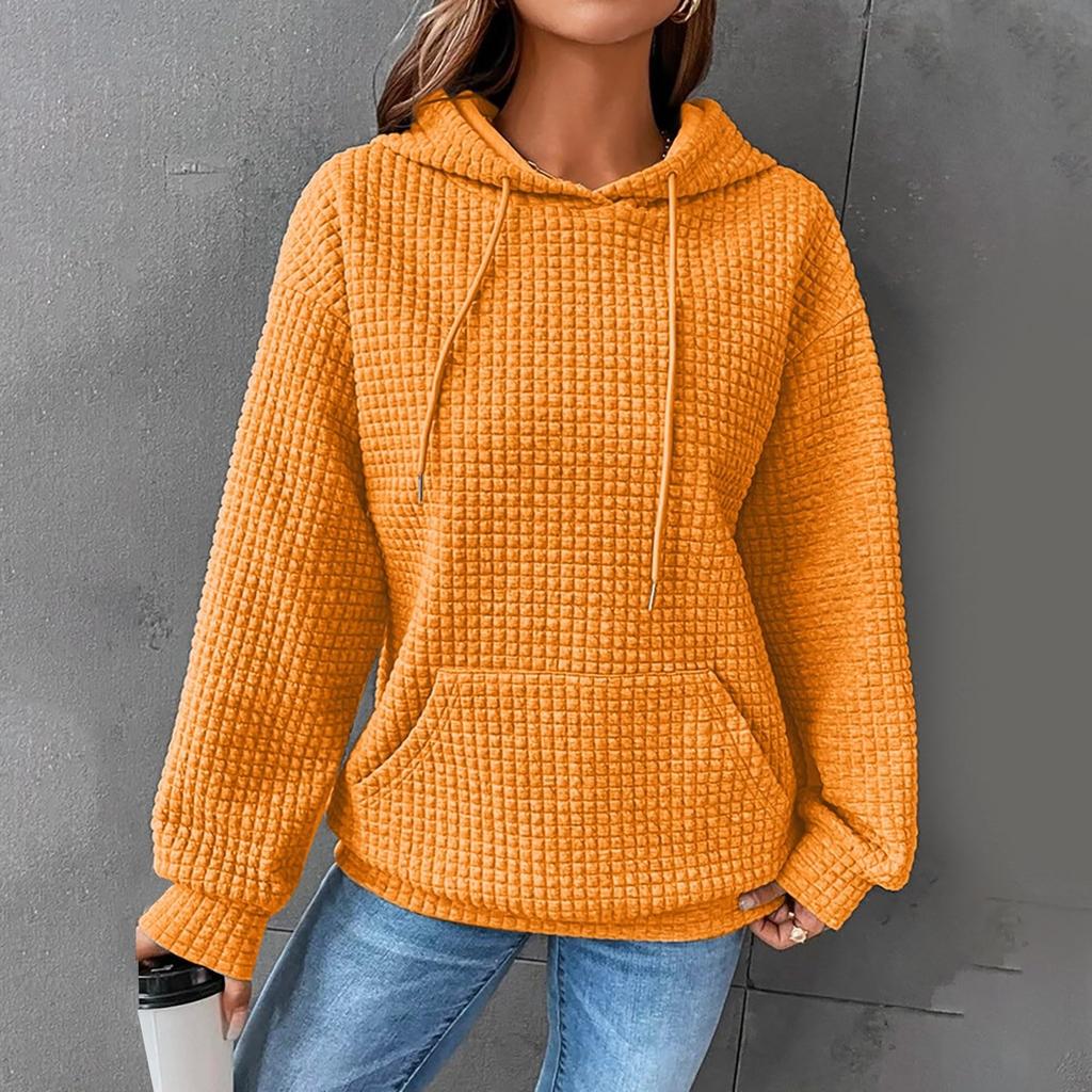 Women's Fashion Loose Hooded Pullover Long Sleeve Patchwork Plaid Sweat Drawstring Shoulder Strap Pocket Top