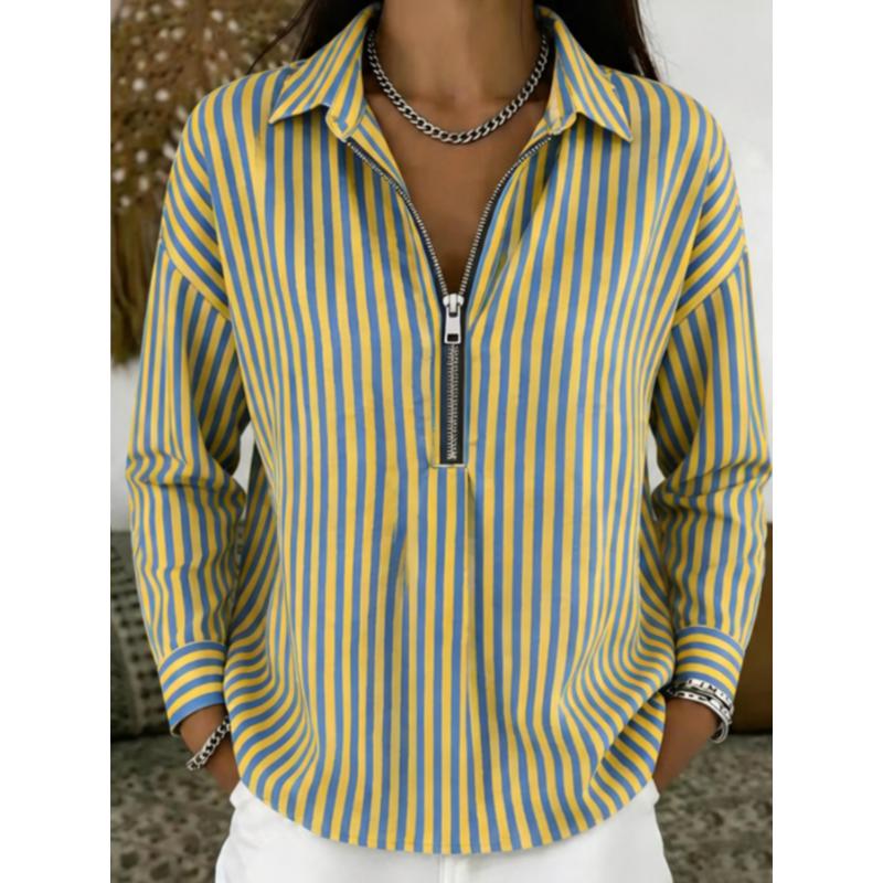 Women Striped Shirt, Turn Down Collar Half Zip Long Sleeve Loose Casual Spring Fall Blouse