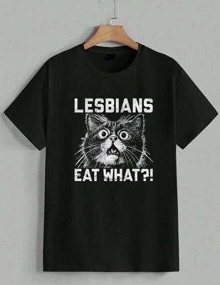 Funny Lesbians Eat What Shocked Cat Graphic Meme LGBTQ Pride T-Shirt Unisex