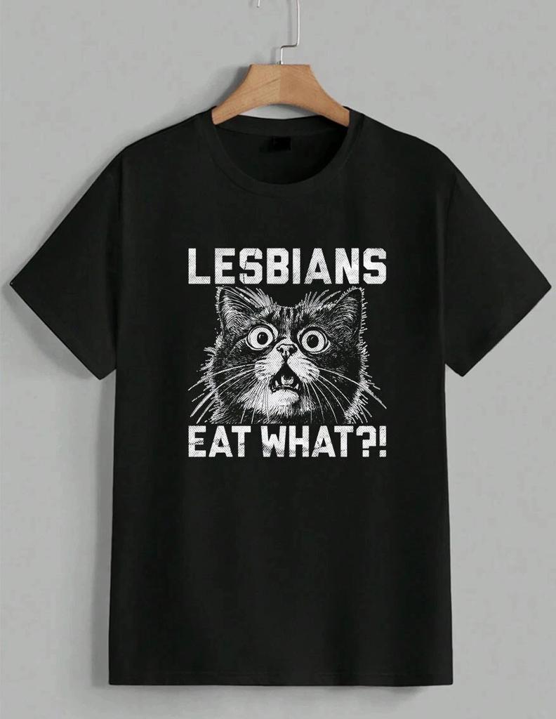 Funny Lesbians Eat What Shocked Cat Graphic Meme LGBTQ Pride T-Shirt Unisex