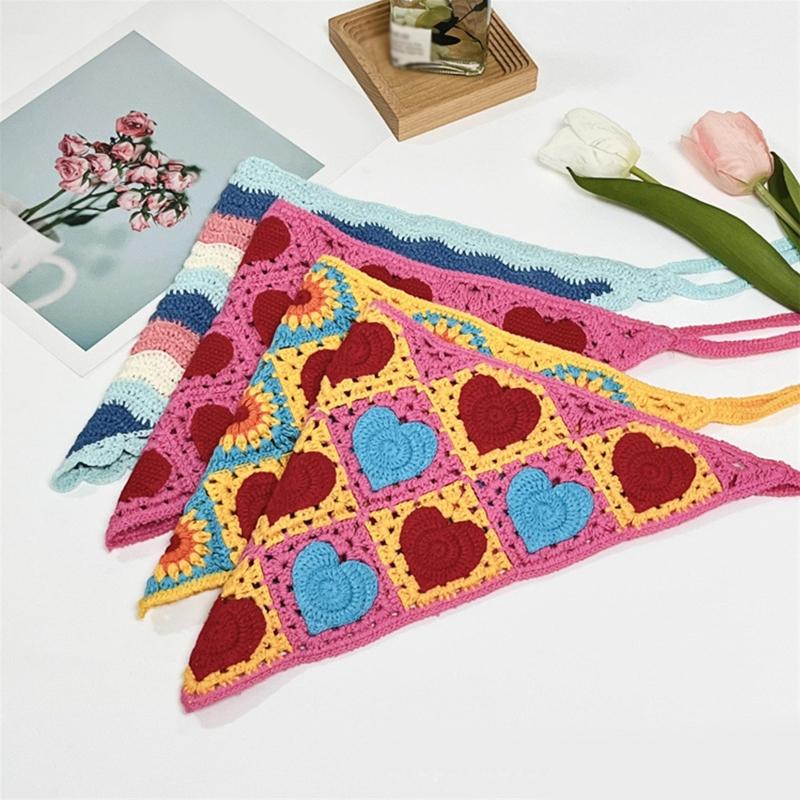 Crochet Anti-uv Bandana Knitted Hair Kerchief Tie Back for Head Wrap Color Matching for Triangle Turban for Girls Photo