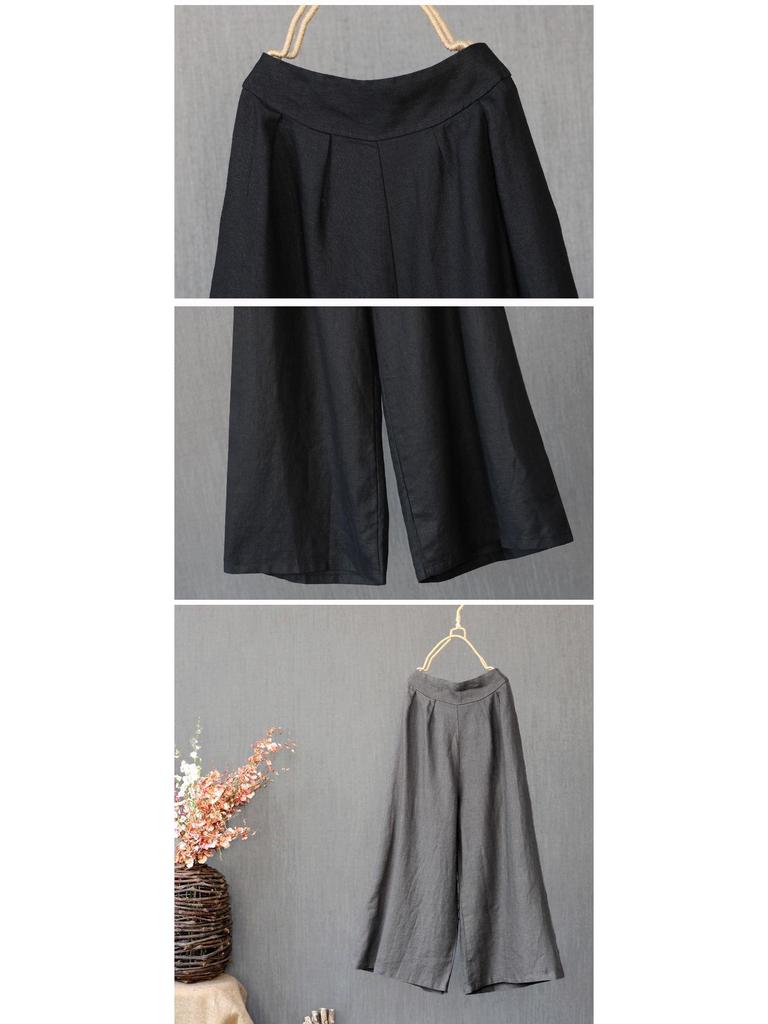 Women's Cotton Linen Wide-Leg Cropped Pants - Solid Color, Loose Fit, Retro Casual for Spring, Summer, Autumn