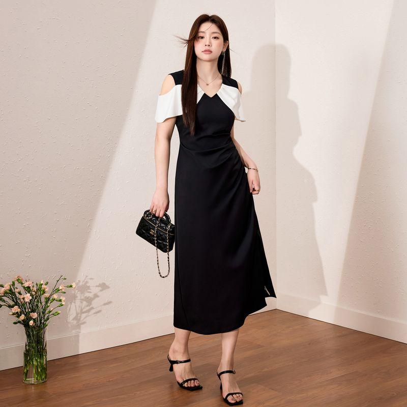 

Lan Yu Plus size women clothing French style Elegant off-the-Shoulder Dress 2025 Summer New Tight Waist Slimming Black A Word Long dress Black In Stock L([Recommended 55.00 kg-62.50 kg]])