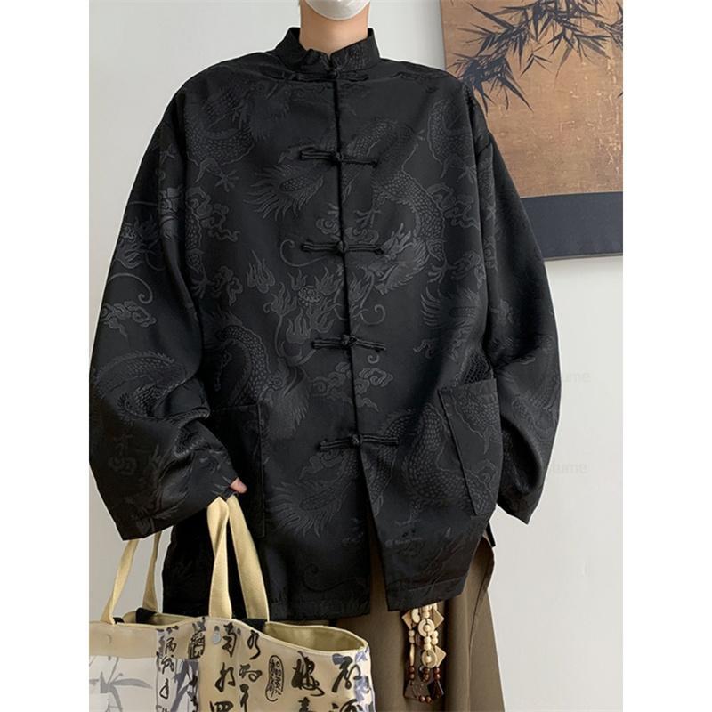 Retro Jacquard Shirt Men Chinese Style Top Satin Kungfu Blouse Long Sleeve Tradition Button Down Male Tai Chi Costume