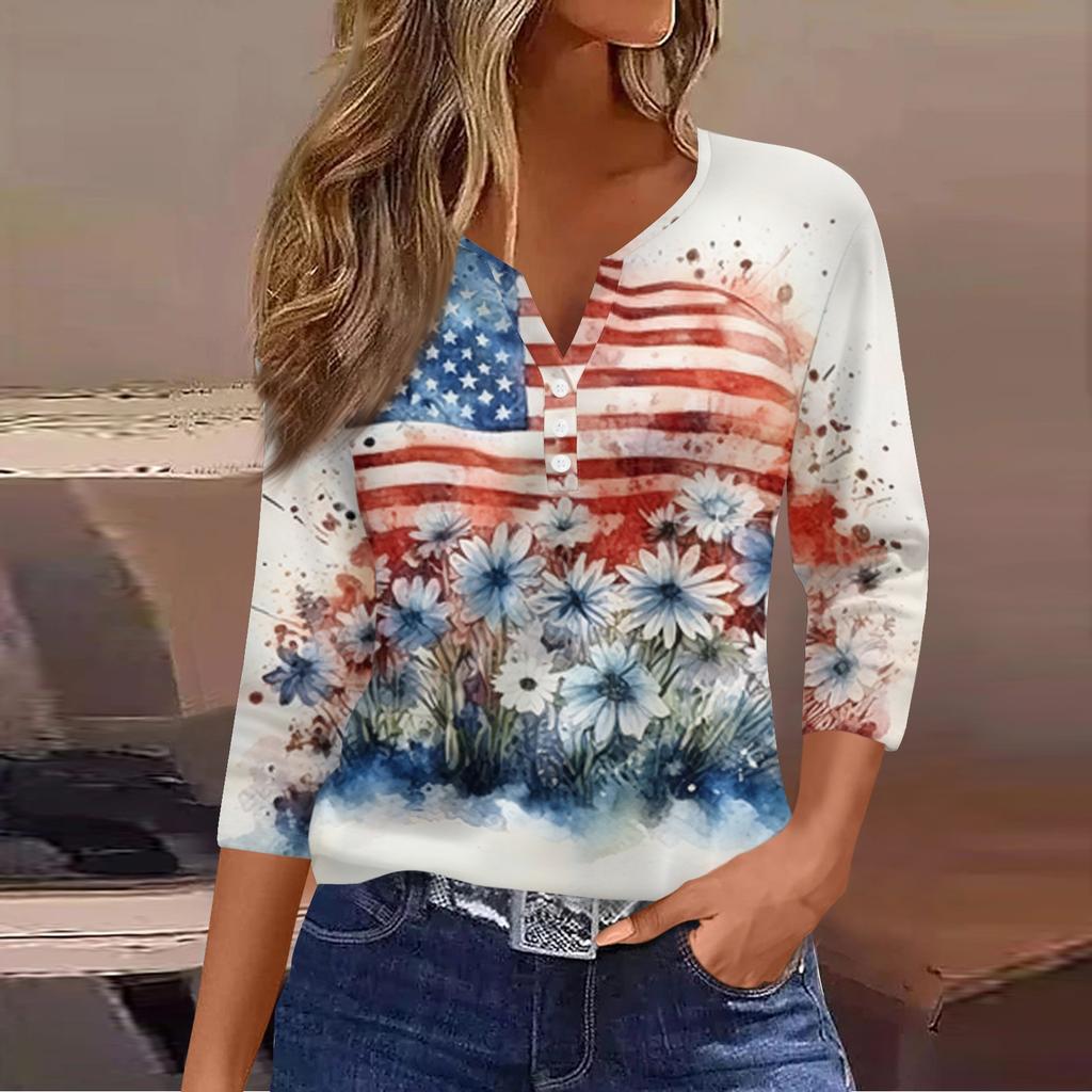 Women's Fashion Casual Independence Day American Flag Stars and Stripes Print Collar V-Neck Three-Quarter Sleeve Decorative Button-Up T-Shirt Top