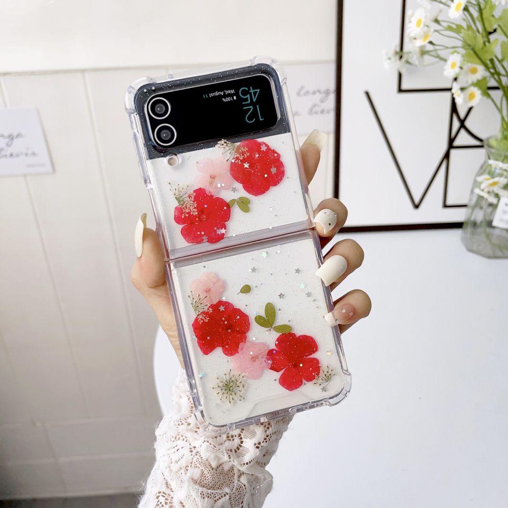 For Samsung Z Flip 3 Case 5g Dried Flowers Transparent Fold Case For Samsung Galaxy Z Flip 4 Zflip4 Shockproof Hard Back Cover