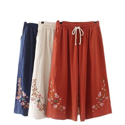 Pantaloni a gamba larga da donna, estivi, casual, con ricamo, a vita alta, larghi, con coulisse e tasche, in cotone.