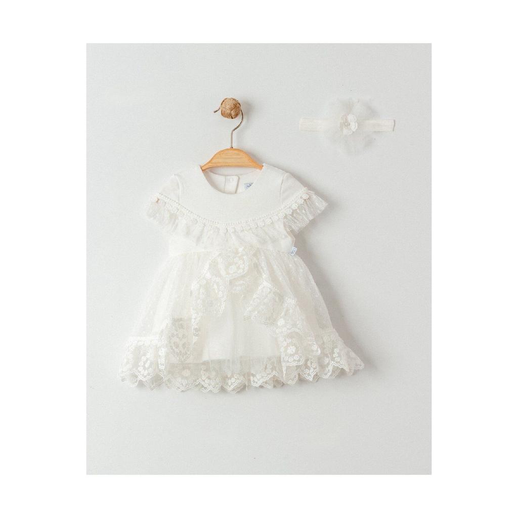 Baby Girl Ecru Lace Mevltlk Short Sleeve Dress And Headband