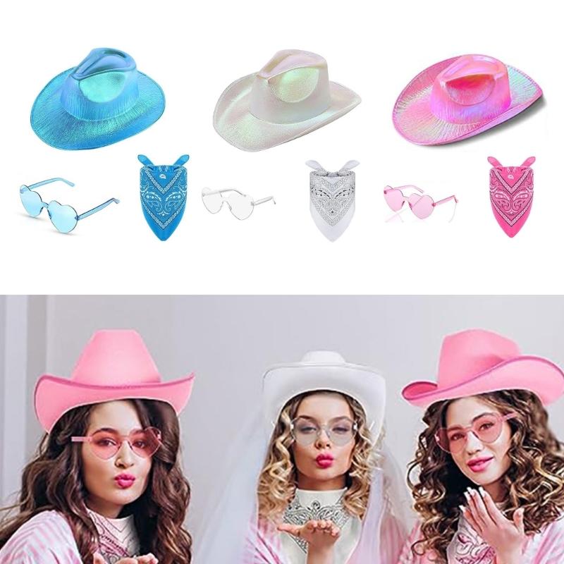 Pack of 3 Carnivals Adult Cowboy Hat with Heart Sunglasses+Cashew Kerchief Adult Fedoras Hat Photography Costume