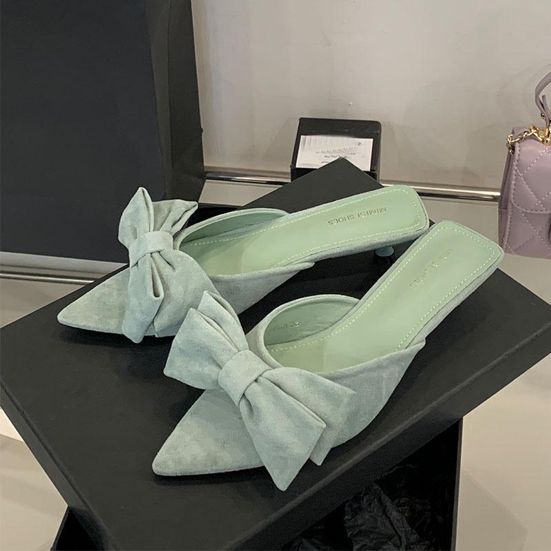 Fashion Fashion Butterfly-Knot Women Low Heel Slippers Shoes Female Slides Sandals Pointed Toe Footwear Ladies Heeled Slippers Shoes