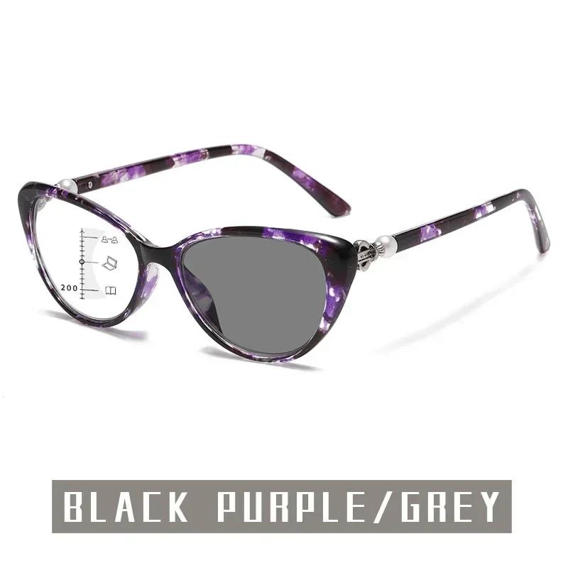Stylish Cat-Eye Multifocal Blue Light Blocking Reading Glasses with Patterned Design Pochromic Presbyopia Glasses for Women