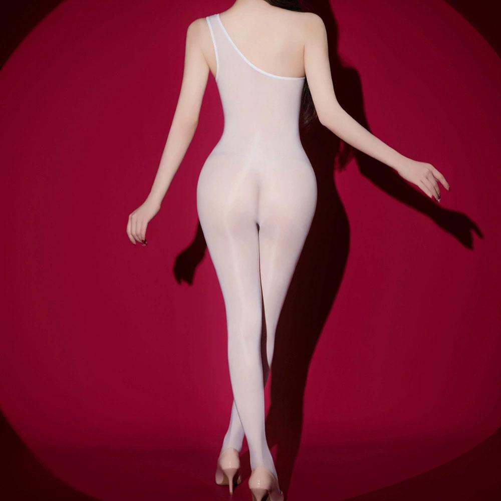 Fashion One-Shoulder Jumpsuit Oil Shiny Sheer Transparent Bodysuit Breast Seamless Tights Leotard Sexy Woman Shaping Bodysuit
