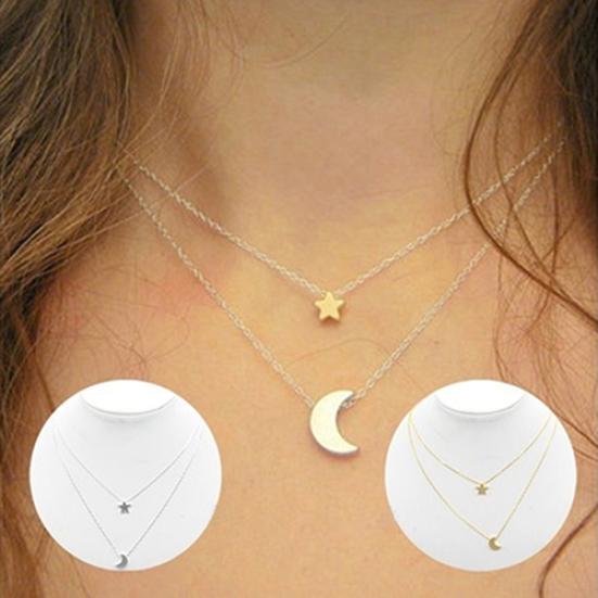 Women's Sexy Star Moon Double-Layer Vertical Drop Bar Pendant Charm Necklace