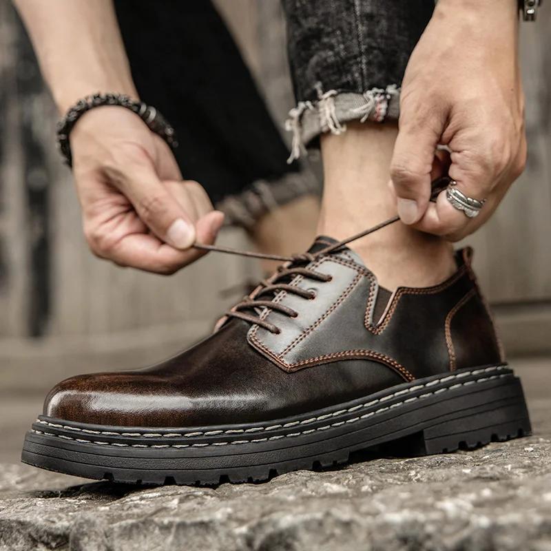 Outdoor Lace Up Wear Resistant Soft Bottom Oxford Shoes Work Shoes Leather Fashion Thick Soled Round Toe Casual Walking Shoes