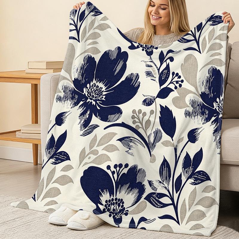 Floral Trim Flannel Fleece Throw Blanket Soft, Skin-Friendly, Warm & Decorative Couch Throw for Home, Halloween, Christmas