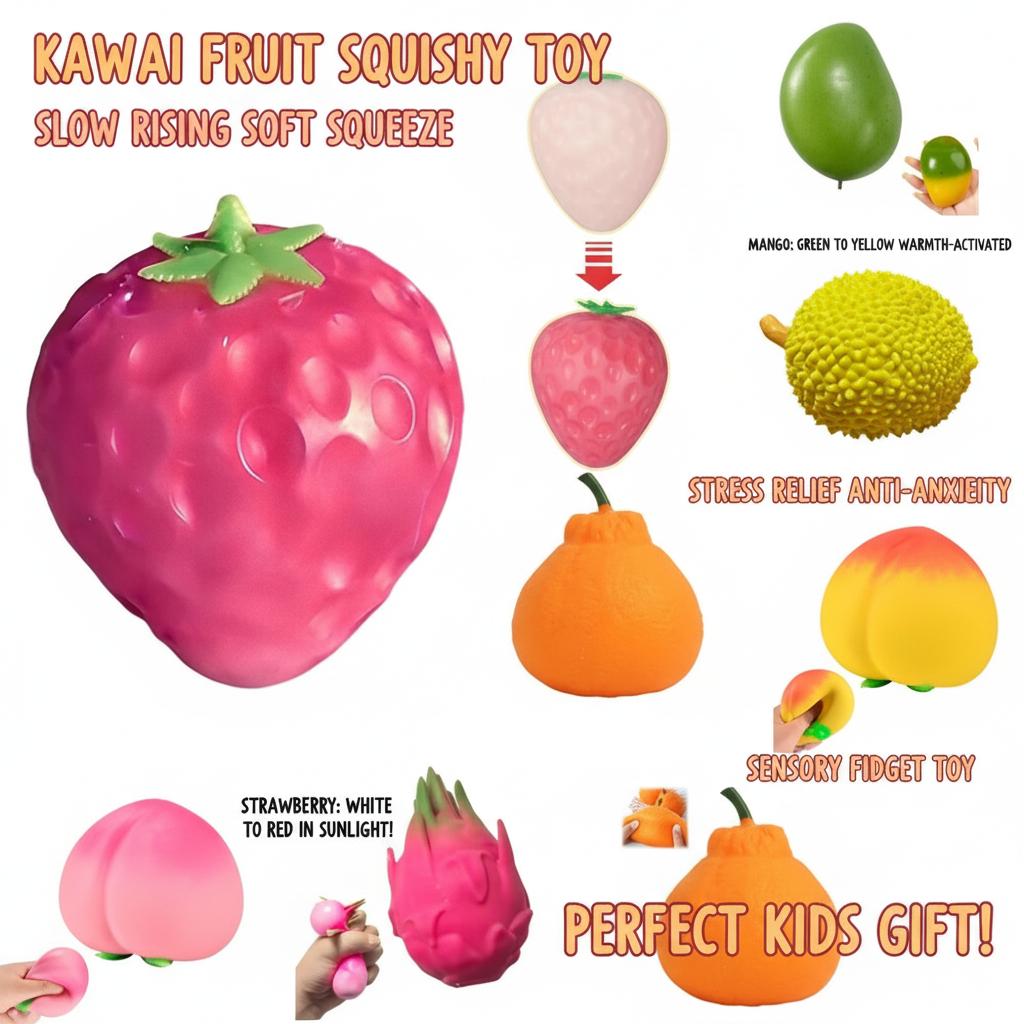 Kids Childrens Kawaii Color Changing Fruit Squishy Toy Slow Rising Soft Squeeze Stress Relief Anti-Anxiety Sensory Fidget Toy Adults