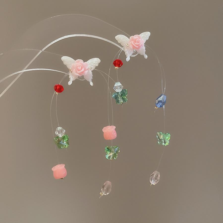 Resin butterfly flower glass fringed earrings fashion design stud earrings high sense fresh versatile earrings women