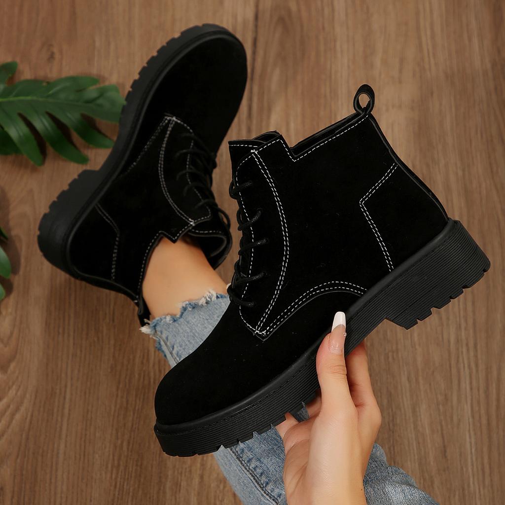 2024 New Winter Fleece Frosted Leather Martin Boots Women's British Flat Bottom Short Boots Soft Leather Boots