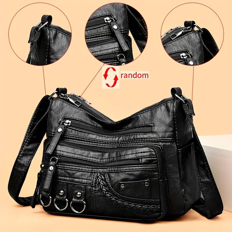 Women'S Large Capacity Soft Leather Shoulder Bag Casual Crossbody Purse With Random Floral Embellishments Multiple Pockets Braided Accents
