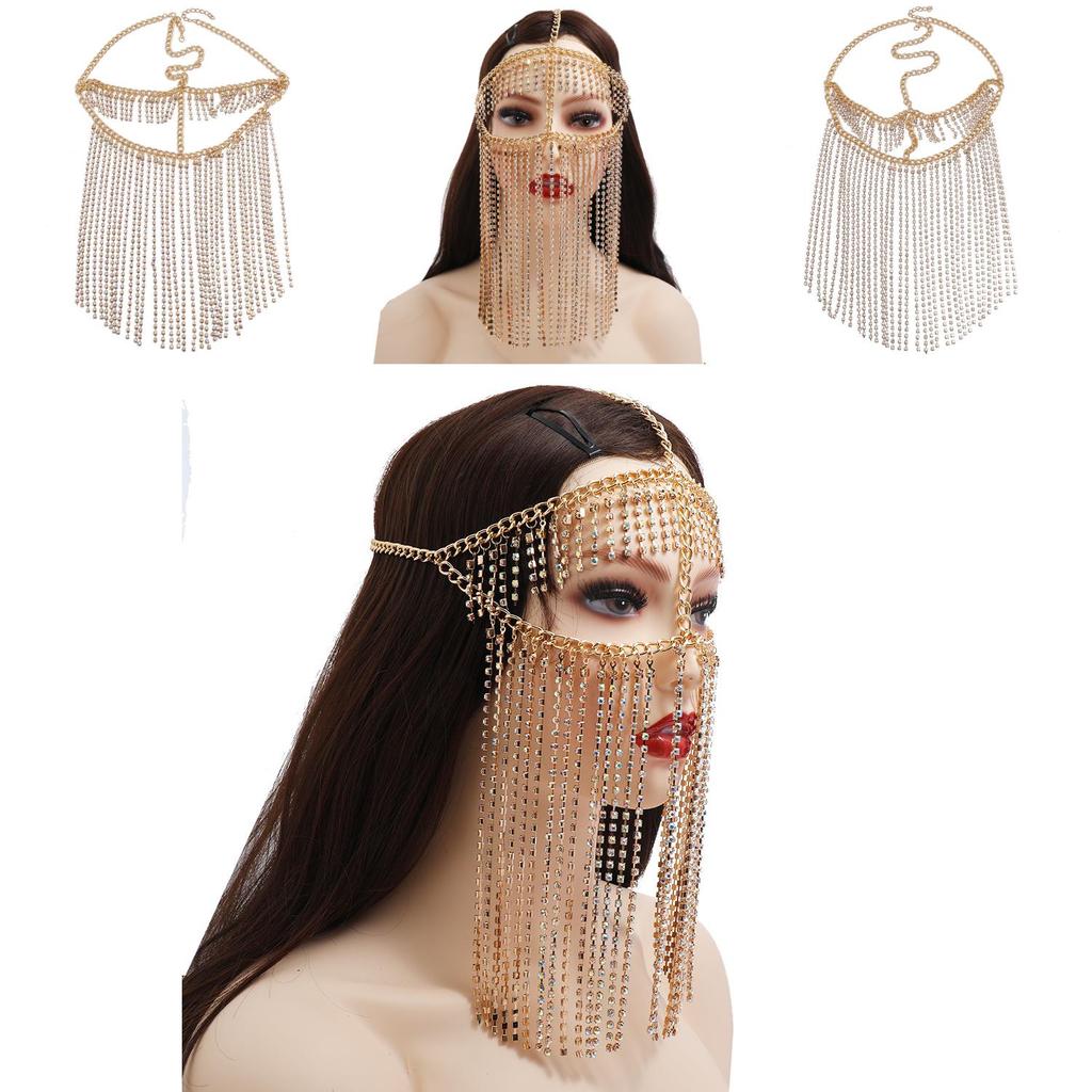 Fashion Rhinestone Decoration With Tassel Design Women Headwear Face Curtain For Nightclub Party And Performance