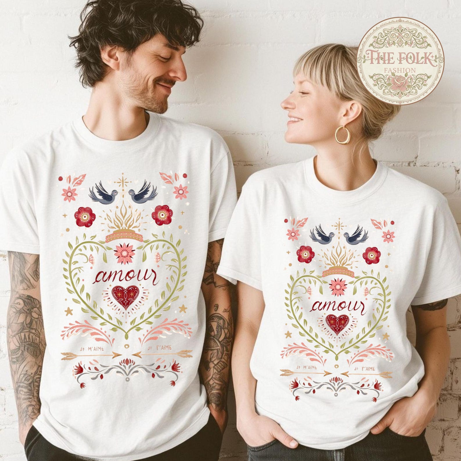 Amour French Folk Art Couple Shirts, Personalized Je T aime Matching Tees, Vintage Anniversary Gift for Couple, Botanical Love Heart Shirt S