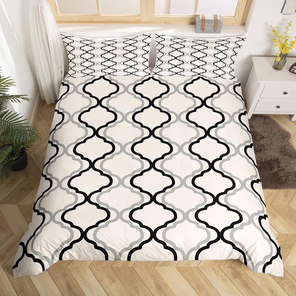 Geometric Modern Duvet Cover King Queen Black Gray Blue Comforter Cover with 2 Pillowcases Retro Stripes Geometry Bedding Set