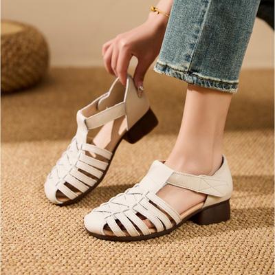 Sandales Femme Cuir Véritable Ajourées Été Nouvelles Chaussures Plates Femme Tendon de Vache Semelle Souple Confortables Décontractées Chaussures pour Maman