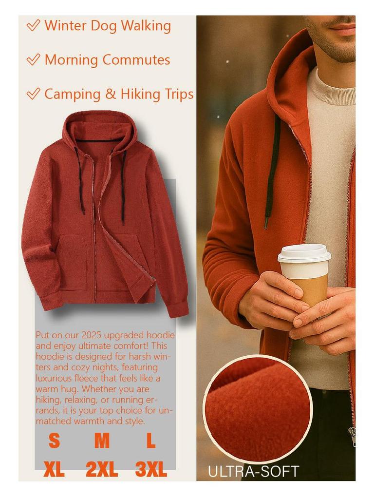 Men's Plus Size Fleece Hooded Zipper Sweatshirt with Velvet Lining