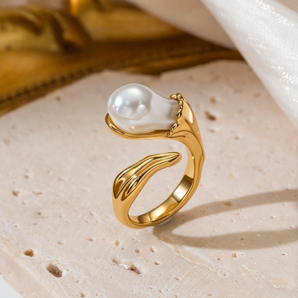Simulated Pearls Zirconia Ring Geometry Design Alloy Platinum Finger Ring Retro Style Gold Plated Retro Jewelry Rings Daily Wear