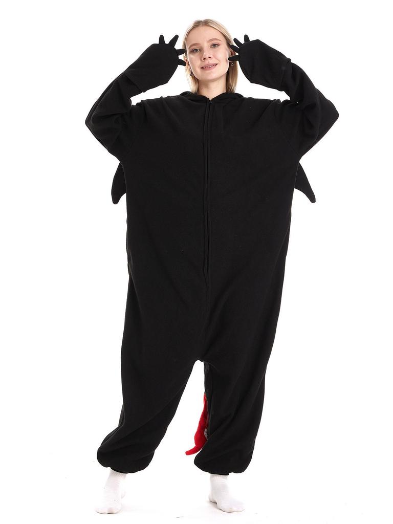 Black & White Dragon Cartoon Onesie Pajamas, Couple Style, Medium-Thick, Plus Size Homewear.