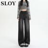 Women's Black & Gray High-Waisted Wide-Leg Retro Jeans - Summer Loose Straight All-Match Slimming Mop Pants