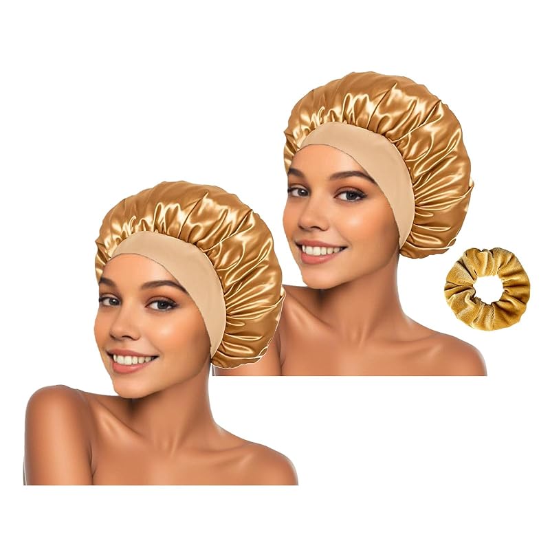 2 pieces of silk nightcap, satin hair cap, soft elastic silk nightcap, reusable and washable, women s headband (black) золотой