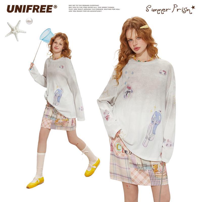 UNIFREE Retro Distressed Loose Long Sleeve T-Shirt L