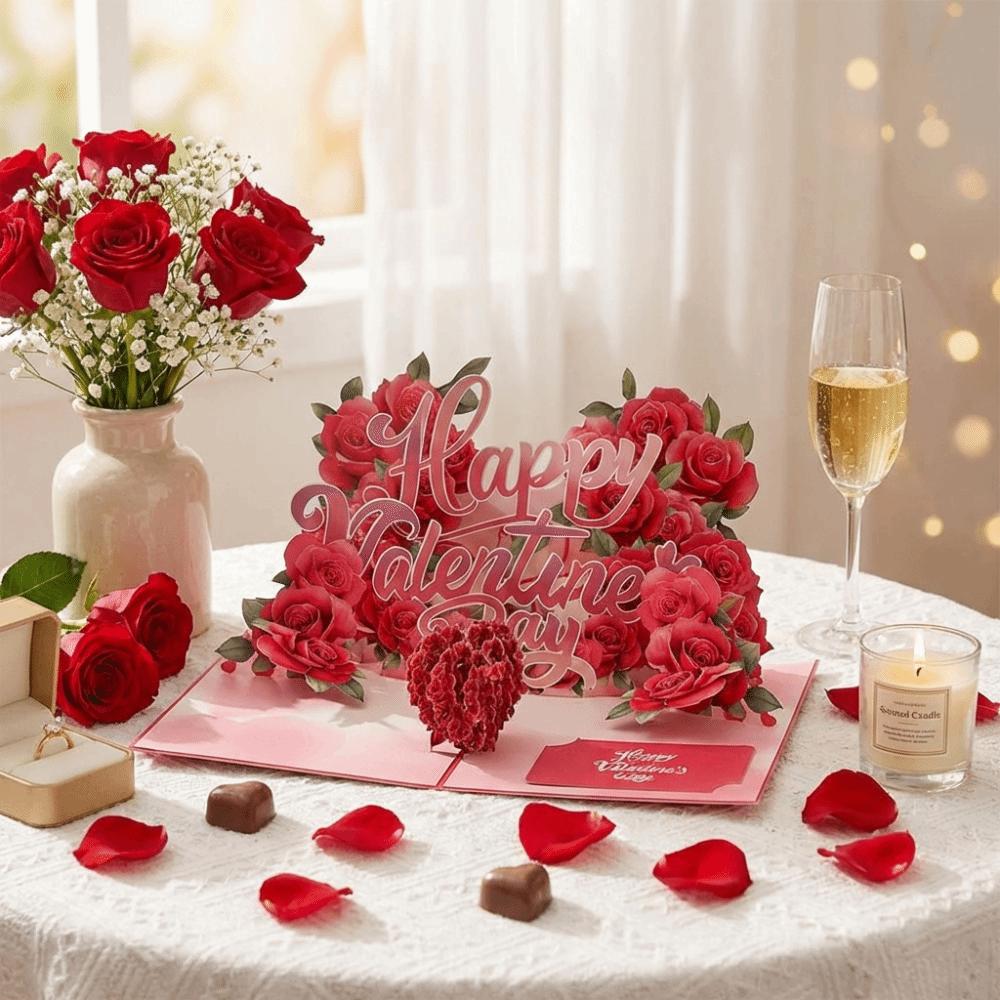 Fashion Romantic Theme 3D Rose Card Pop-Up Mechanism Flower Design Anniversary Card 3D Gift Cards Valentines Day