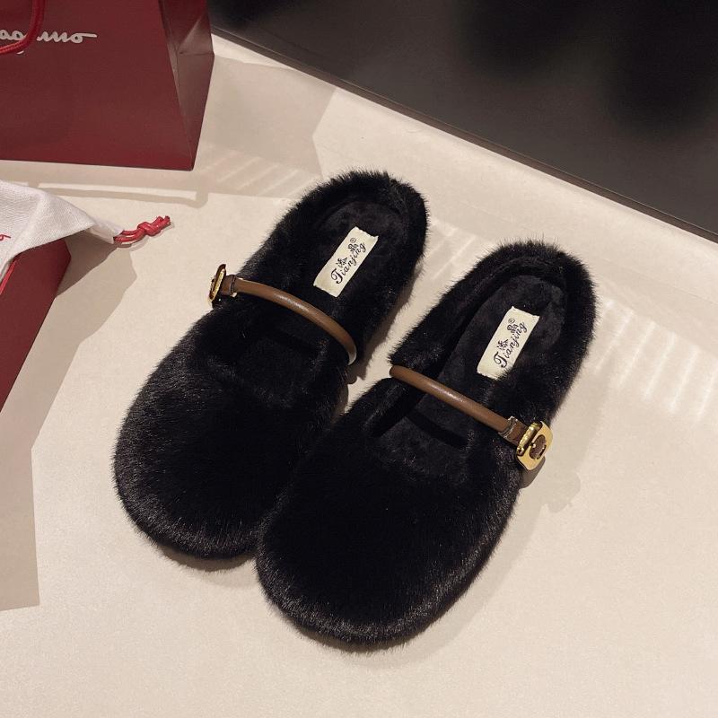 Mao Mao Shoes Increase In Height Inside and Wear Warm Shallow Mouth Single Shoes 2025 Women's One-word Buckle Versatile Gentle Mary Jane Mao Mao Shoes