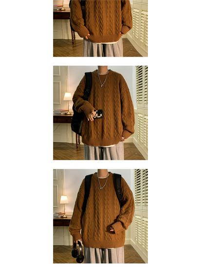 Men's Cable Knit Crew Neck Sweater, Loose Fit, Retro Hong Kong Style, Trendy Casual Knitwear for Autumn and Winter.