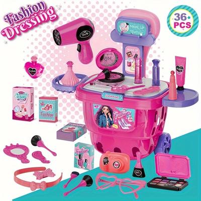 36 Luxus-Mode-Make-up- und Styling-Sets für Kinder mit Koffer, Föhn, Pinseln, Lippenstift, Spiegel und Haarklammern