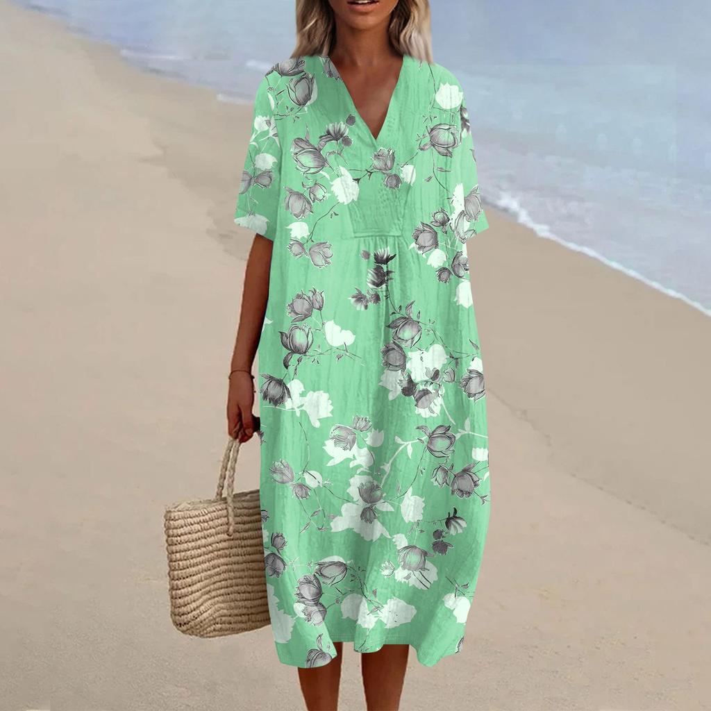 Women's Loose Casual Fashion V-Neck Printed Dress Beach Skirt