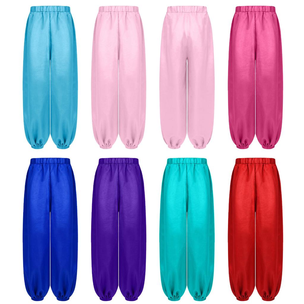 Dívčí elastické pasové saténové kalhotky volné ležérní taneční kalhoty pro břišní tanec jevištní vystoupení tematické večírky