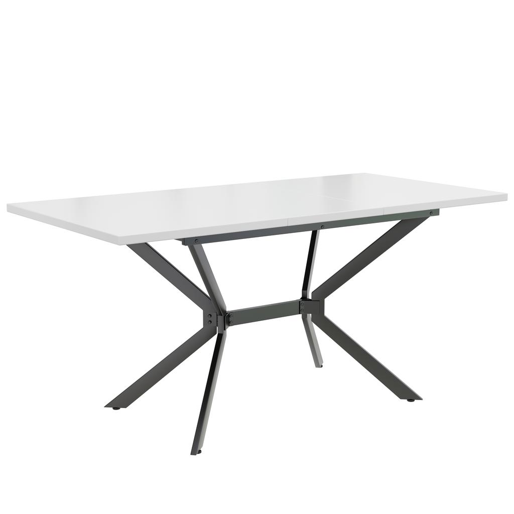 White Extendable Dining Table 120/160*80cm, Table Legs Made of Black Metal, White Rectangular Dining Table, Suitable for Four To Six People